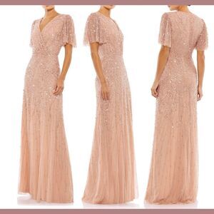 NEW $698 Mac Duggal [ 4 ] V-Neck Embellished Flutter Sleeve Gown in Nude‎ #G1854